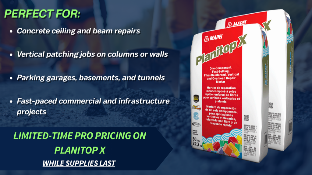 Mapei Planitop X repair material packaging with promotional text on a blue gradient background